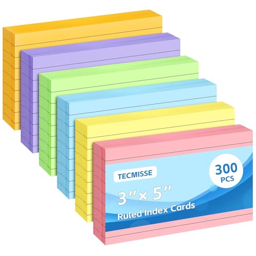 Tecmisse Farbige Karteikarten, 7,6 x 12,7 cm, 300 Stück, liniert, eine Seite blanko, Lernkarten für Büro, Zuhause und Schule von Tecmisse