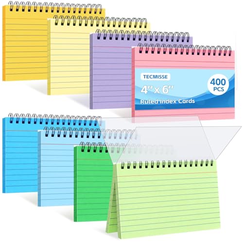 Tecmisse Karteikarten, 10,2 x 15,2 cm, spiralliniert, bunte Karteikarten mit wasserdichtem Einband, Notizkarten, 8 Farben für Erinnerung, Lernen, To-Do-Liste, Schule, Büro, 400 Stück von Tecmisse
