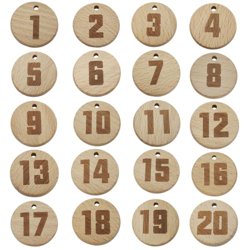 Tedasriyc 20 Stück Holz Gravierte Nummernschilder,(Nummer 1-20)Runde Zahlenmarken,Nummerierte ID Tags mit Loch,Schlüsselanhünger Zahle,Zahlenanhünger für Hotel Fitnessstudio Depot ohne Schlüsselringe von Tedasriyc