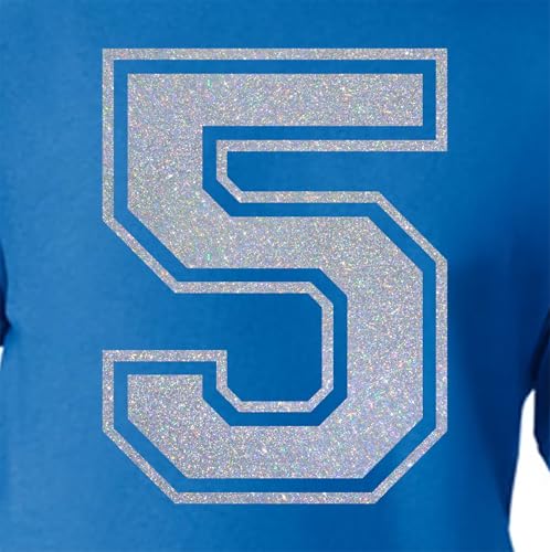 20,3 cm Glitzer-Aufbügelnummer 5 (Fünf 5) – große metallische Gold-Wärmeübertragungszahl für Trikots, T-Shirts, Sportuniformen, Basketball, Fußball, Stil C (Silber Konfetti 5) von TeeWin