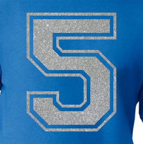 20,3 cm Glitzer-Aufbügelnummer 5 (Fünf 5) – große metallische silberne Wärmeübertragungsnummer für Trikots, T-Shirts, Sportuniformen, Basketball, Fußball, Stil C (Silber 5) von TeeWin