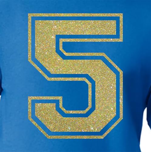 20,3 cm Glitzer-Aufbügelnummer 5 (Fünf 5) – große metallische silberne Wärmeübertragungsnummer für Trikots, T-Shirts, Sportuniformen, Basketball, Fußball – Stil C (Gold Konfetti 5) von TeeWin