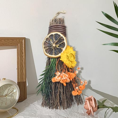 19cm Zimtbesen, Handgefertigter Herbst Dekobesen mit Trockenblumen, Zitronenscheiben Natürlicher Kräuterschutz Mini Hexenbesen für Hochzeit, Altar, Samhain, Halloween und Herbstdekor, Orange von Teeloray