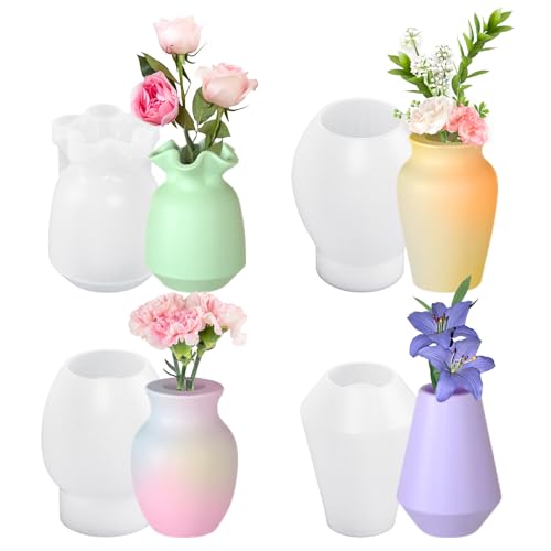 4 Stück Silikonform Vase, Gießformen Silikon Vase, DIY Gießform Vase Silikon Epoxidharz Vases Resin Formen, Frühling Blumenvase Silikonformen Sommer Silikonform für Vasen, DIY Handwerk Heimdekoration von Teeloray