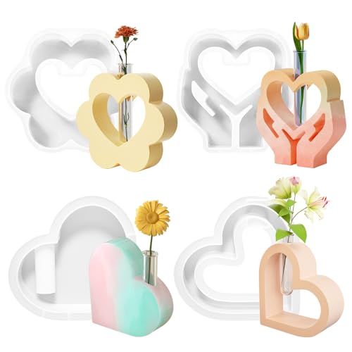 Teeloray 4 Stück Silikonform Vase mit Acryl Reagenzgläsern, Herzform Vases Resin Formen Epoxidharz Formen Vase, Vase Gießformen, Sommer Hydrokulturpflanzen Silikon Blumenvase für Vasen, DIY Handwerk von Teeloray