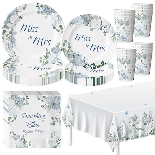 Teeloray Blau Blumen Partygeschirr für 24 Gäste, Brautparty Geschirr Set für Bride to Be, Miss to Mrs Deko Hochzeit für Brauttisch Tischdeko, Verlobungsfeier, Brautparty Frauen, Junggesellenabs von Teeloray