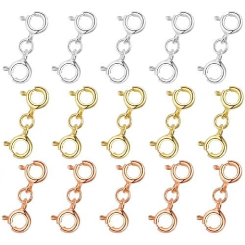 Doppelfeder-Verlängerung aus Metall, für Halsketten, Armbänder, Schmuckherstellung, 15 Stück (Gold, Silber, Roségold) von Teensery