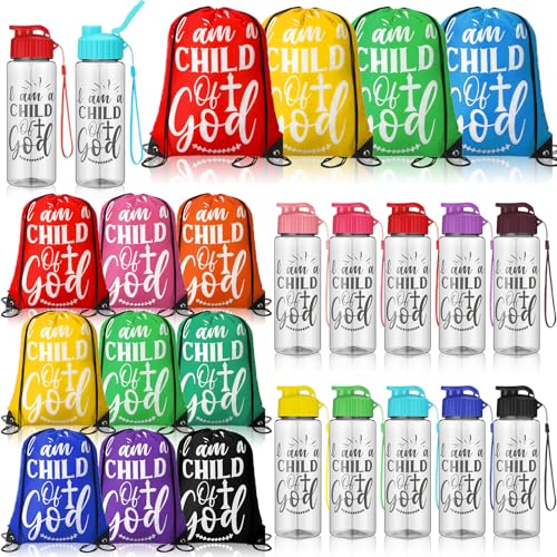 Teenyyou 20 Stück christliche Partygeschenke, Großpackung Kirchengeschenke, inklusive 10 Stück Kordelzug-Rucksack, 10 christliche Sportflaschen, religiöse Taschen, Bibelvers, Partyzubehör für die von Teenyyou