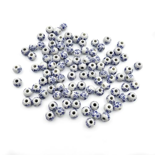100 Stück 10 mm Porzellan-Perlen, blauer Blumendruck, runde Keramik-Abstandshalter für Armbänder und Halsketten von Teesea