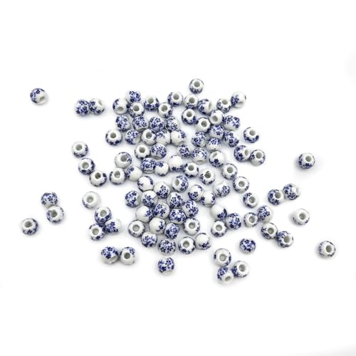 Porzellanperlen, 8 mm, blauer Blumendruck, runde Keramik-Abstandshalter für Schmuckherstellung, 100 Stück von Teesea
