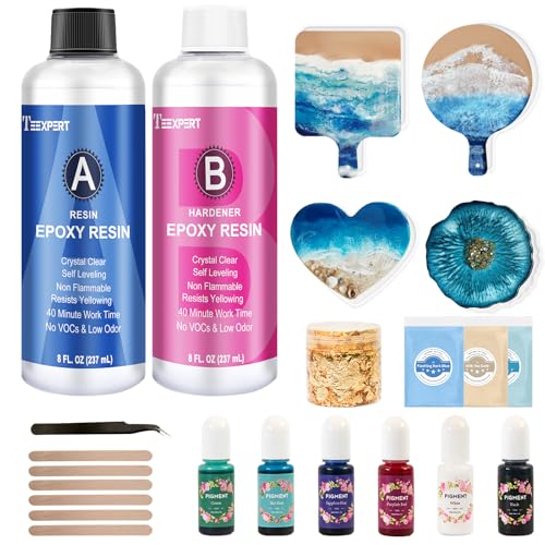 Teexpert Epoxidharz Set Anfänger, 474ML/16OZ Kristallklares Epoxyharz Starter-Set mit Untersetzer- und Tablett-Formen, Pigmenten, Harzzubehör, Gießharz-Schmuckherstellungsset für Kunsthandwerk Teexpert Epoxidharz Set Anfänger, 474ML/16OZ Kristallklares Epoxyharz Starter-Set mit Untersetzer- und Tablett-Formen, Pigmenten, Harzzubehör, Gießharz-Schmuckherstellungsset für Kunsthandwerk von Teexpert