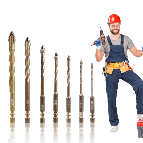7stk teiliger neuer vierschneidiger Sägezah, Vierschneidiger Exzenterbohrer, vierschneidiger gezackter Exzenterbohrer, Multifunktions Bohrerset 3/4/5/6/8/10/12 mm (Gelb) von Tefola