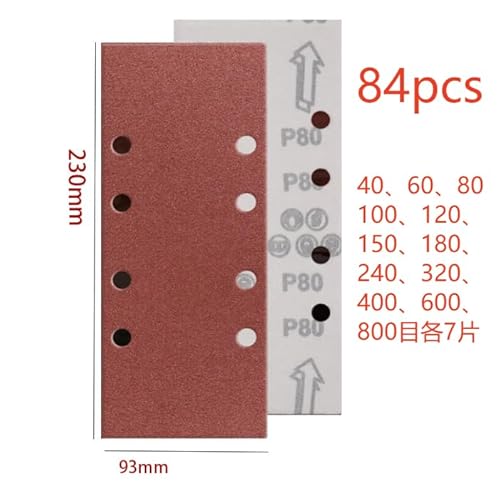 84tlg Schleifblatt Set, Schleifpapier Klett Körnung 40、60、80、100、120、150、180、240、320、400、600、800, 8 Löcher verschiedene Zubehör Materialien für Multischleifer, Schwingschleifer (93x230mm) von Tefola