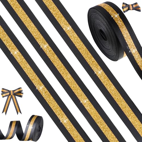 Tegeme 9,1 m Cheerleading-Band, Cheerleading-Band mit Glitzerstreifen, Polyester, Handwerk für Teamgeist, Basteln, Basteln, Team-Geschenkverpackung, Haarschleifen, Sport-Lanyard, Partyzubehör (Gold von Tegeme