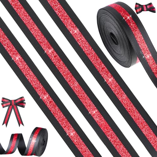 Tegeme 9,1 m Cheerleading-Band, Cheerleading-Band mit Glitzerstreifen, Polyester, Handwerk für Teamgeist, Basteln, Basteln, Team-Geschenkverpackung, Haarschleifen, Sport-Lanyard, Partyzubehör (Rot und von Tegeme