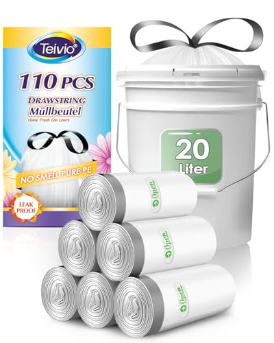 Teivio 20 Liter Kleine Müllbeutel mit Zugband, 110 Stück, starker Kordelzug, Tretmüllbeutel, Papiermüllbeutel für Zuhause, Büro, Küche, Badezimmer, Schlafzimmer, weißer Teivio 20 Liter Kleine Müllbeutel mit Zugband, 110 Stück, starker Kordelzug, Tretmüllbeutel, Papiermüllbeutel für Zuhause, Büro, Küche, Badezimmer, Schlafzimmer, weißer von Teivio