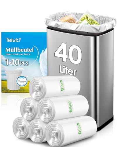 Teivio 40 Liter (für 35–40 l) große Müllsäcke, 140 Stück, mittelschwere Müllbeutel, dicke Kunststoff-Müllbeutel für Badezimmer, Küche, Büro, transparent von Teivio