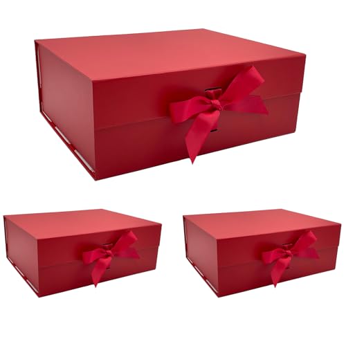 Tekhoho 3er Pack Rot Große Geschenkbox 33.5x27x12.5 cm, Premium Geschenkbox mit Magnetdeckel und Geschenkband für Feiertage Hochzeit Geburtstag Geschenkverpackung, kariertes Innenfutter von Tekhoho