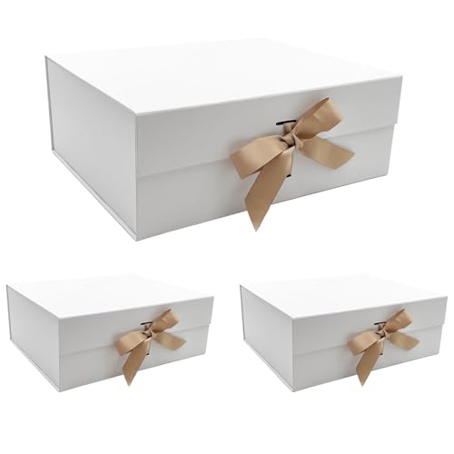 Tekhoho 3er Pack Weiß Große Geschenkbox 33.5x27x12.5 cm, Premium Geschenkbox mit Magnetverschluss und Geschenkband für Feiertage Hochzeit Geburtstag Geschenkverpackung, kariertes Innenfutter von Tekhoho