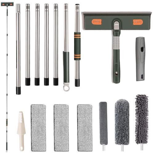 3 Meter Ausziehbares Fensterreinigungsset, Extra Langes 4 in 1 Fensterabzieher Reiniger Tool Kit mit Verlängerungsstange, Biegbarer Kopf Glasreinigungswerkzeuge mit Drehkopf für Innen/Außenfenster von Tel Charme *