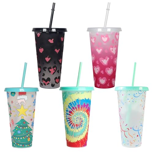 5 einzigartige Designs 24oz (710ml) Farbwechsel-Becher mit Deckel & Strohhalm – Wiederverwendbare Thermobecher für kalte Getränke, Eiskaffee, Smoothies, Reisebecher für Kinder & Erwachsene von Tel Charme *
