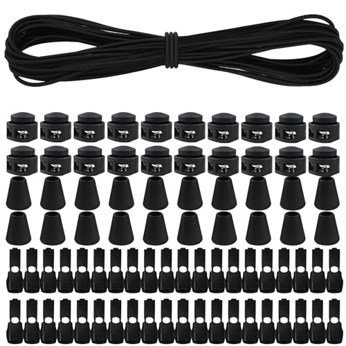 Elastische Gummischnur 10m X 3mm, Elastische Runde Schnur mit 40Pcs Reißverschluss Lock Cord, Elastische Gummiseil für Kordelzug Rucksack Bekleid Wäscheleinen Schnürsenkel, Schwarz von Tel Charme *