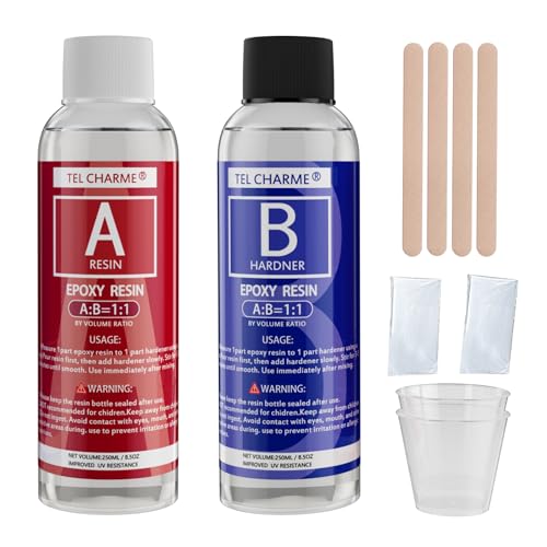 Epoxidharz mit Härter,1:1 Verhältnis Glasklar Gießharz Mit Handschuhen, Holzstäbchen und Messbecher,für Holz Schmuckherstellung Kunst Handwerk (250ml+250ml) von Tel Charme *