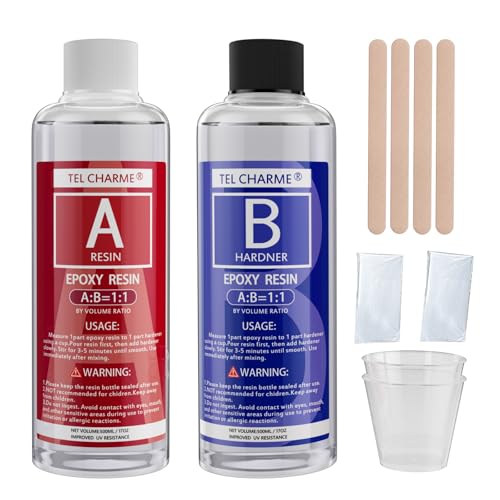 Epoxidharz mit Härter,1:1 Verhältnis Glasklar Gießharz Mit Handschuhen, Holzstäbchen und Messbecher,für Holz Schmuckherstellung Kunst Handwerk (500ml+500ml) von Tel Charme *