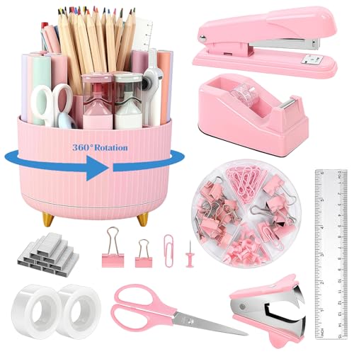 Pinkes Schreibtischzubehör, 12-in-1 Büro-Schulbedarf, drehbarer Stifthalter für Schreibtisch, Hefter, Heftklammerentferner, Klebebandspender, Klebeband-Nachfüllpackungen, Büroklammern-Set, Schere Pinkes Schreibtischzubehör, 12-in-1 Büro-Schulbedarf, drehbarer Stifthalter für Schreibtisch, Hefter, Heftklammerentferner, Klebebandspender, Klebeband-Nachfüllpackungen, Büroklammern-Set, Schere von Tel Charme *