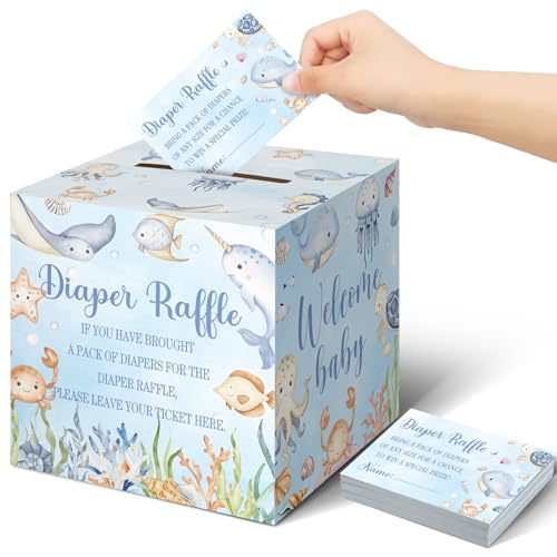 Teling 51 Stück Windel-Tickets mit Kartenbox, Babyparty-Dekorationen, Babyparty-Halter, Box für Mädchen, Jungen, Windel, Tombola-Party, Meerestiere, 51 Stück Teling 51 Stück Windel-Tickets mit Kartenbox, Babyparty-Dekorationen, Babyparty-Halter, Box für Mädchen, Jungen, Windel, Tombola-Party, Meerestiere, 51 Stück von Teling