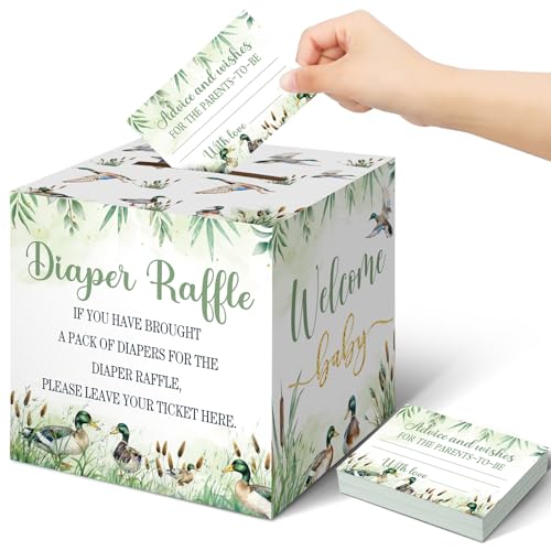 Teling 51 Stück Windel-Tickets mit Windel-Raffle-Karten-Box, Dekorationen, Babyparty-Halter, Box für Mädchen, Jungen, Party (Mallard Duck) von Teling