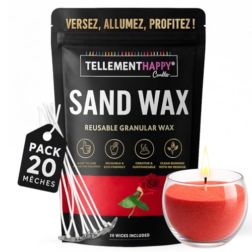 TellementHappy | Kerzenwachs in Sandform 1kg + 20 Dochte | Duft Rose | Kerzensand Umweltfreundlich & Wiederverwendbar | Einfache Kerzenherstellung | Wachsgranulat Pflanzlich von TellementHappy