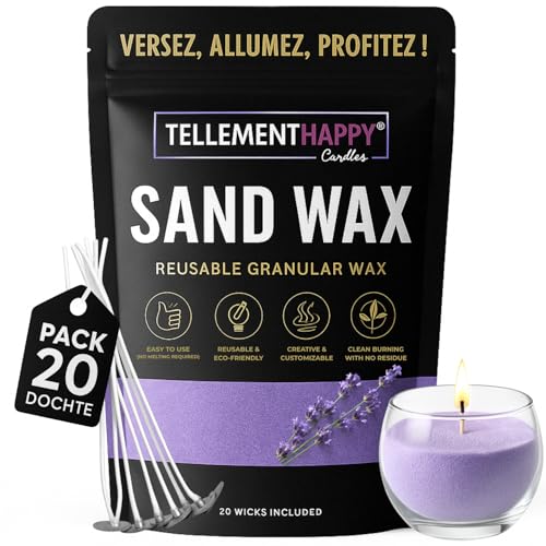 TellementHappy | Kerzenwachs in Sandform 1kg + 20 Dochte | Lavendel | Kerzensand Umweltfreundlich & Wiederverwendbar | Einfache Kerzenherstellung | Wachsgranulat Pflanzlich von TellementHappy