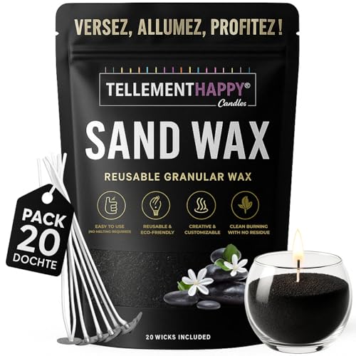 TellementHappy | Kerzenwachs in Sandform 1kg + 20 Dochte | Moschus | Kerzensand Umweltfreundlich & Wiederverwendbar | Einfache Kerzenherstellung | Wachsgranulat Pflanzlich von TellementHappy