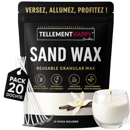 TellementHappy | Kerzenwachs in Sandform 1kg + 20 Dochte | Vanille | Kerzensand Umweltfreundlich & Wiederverwendbar | Einfache Kerzenherstellung | Wachsgranulat Pflanzlich TellementHappy | Kerzenwachs in Sandform 1kg + 20 Dochte | Vanille | Kerzensand Umweltfreundlich & Wiederverwendbar | Einfache Kerzenherstellung | Wachsgranulat Pflanzlich von TellementHappy