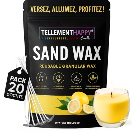 TellementHappy | Kerzenwachs in Sandform 1kg + 20 Dochte | Zitrone | Kerzensand Umweltfreundlich & Wiederverwendbar | Einfache Kerzenherstellung | Wachsgranulat Pflanzlich von TellementHappy
