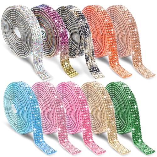 10 Rollen Strassband Selbstklebend Kristall Diamant Band 1 Yard 4 Reihen Glitzerband Selbstklebend Glitzersteine Kristall Diamantband Glitzer Rollen für DIY Handy Hochzeits Dekoration (Mehrfarbig 3) von Telooco