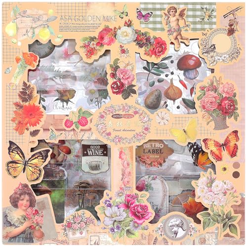 100 Blatt Blumen Sticker Schmetterling Pilz Vintage Stickers Scrapbook Ahornblätter Blumen Aufkleber Gänseblümchen Pflanzen Aufkleber Wasserdicht Blumensticker für DIY Scrapbook (510 Stück) von Telooco