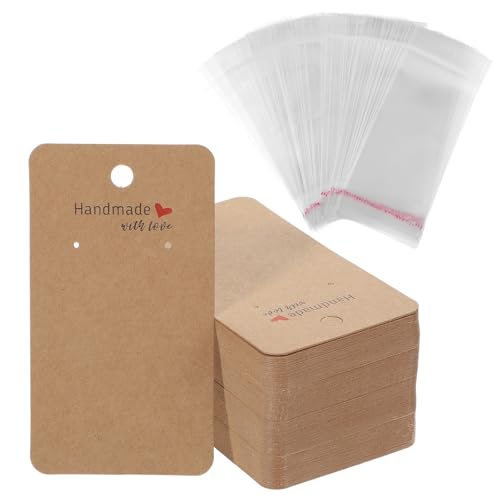 100 Stück Ohrring Präsentationskarten Schmuckverpackung Ohrstecker Ständer Ohrringe Schmuck Display Karten mit 100 Transparente Druckverschlussbeutel, Ohrringkarten Kraftpapier Karten von Telooco