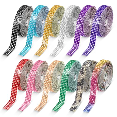 12 Rollen Glitzerband Selbstklebend 1 Yard 4 Reihen Kristall Strassband Bunte Strasssteine Selbstklebende Glitzerbänder Strassstreifen Diamantband für Auto Handy Glitzer Party Dekoration von Telooco