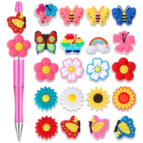 20 Stück Silikon Stiftperlen Schmetterlings Blumen Silikon Perlen für Stifte Niedliche Silikonperlen Schmuckperlen Zubehör Fokusperlen für DIY Herstellung Kugelstiften Schlüsselanhänger von Telooco