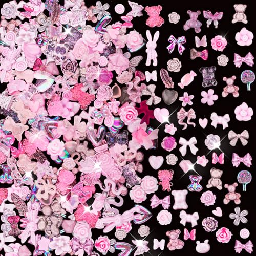 200 Stück Nail Art Charms Rosa 3D Nägel Charm Schleife Nails Charms Strasssteine Schmetterling Blumen Bär Herz Nagelanhänger Nails Design Nail Art Deko SetDIY Handwerk Nagelzubehör von Telooco