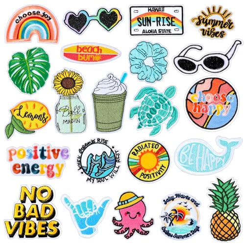 22 Stück Gestickte Bügelbilder Sommer Strand Bügelbild Selbst Gestalten Stick Flicken Patches zum Aufnähen Bunte Aufbügelflicken Outdoor Nähflicken Jeanshemd Kleidung DIY Reparatur Zubehör von Telooco