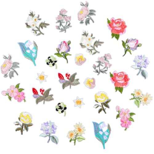 28 Stück Blumen Patches zum Aufbügeln Aufbügler Gestickte Applikation 14 Muster Dekorative Vintage Aufbügelbilder Mini Blumenstickerei Applikation für Kleidung Rucksäcke Jeans Hüte Jacken von Telooco