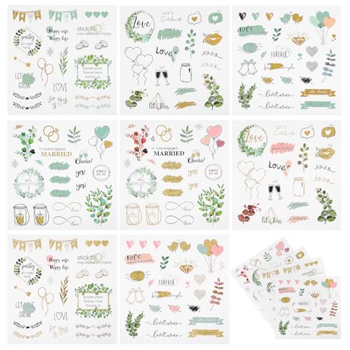 8 Blatt Scrapbooking Aufkleber Hochzeit Hochzeitsplaner Ballon Stickers Gold Grün Ballon Pflanzen Liebesaufkleber Romantische Hochzeits Aufkleber Einladung Dekoration Hochzeitsaufkleber von Telooco