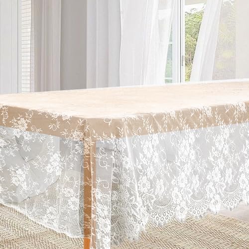 Weiß Spitzen Tischdecke 150 x 300 cm Vintage Spitzentischdecke Große Weiße Party Tischdecke Stickereien Spitze Tischtuch für Hochzeite Sommer Outdoor Teeparty Abendessen Heimdekoration von Telooco