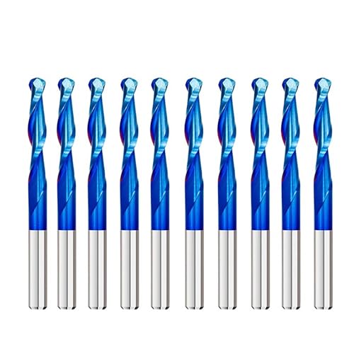 Temhyu 10PCS 3,175mm Fräser Schaft Kugel Nase Ende Mühle Hartmetall 2 Flöte Spirale Router Bits CNC Gravur Bit(Nano Blue Coated,3.175x3.175x22) von Temhyu