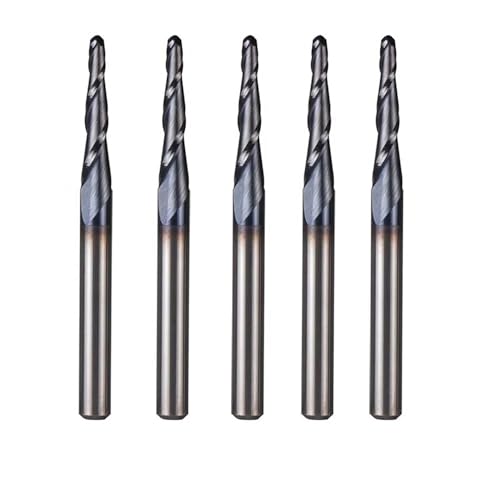 Temhyu 5 Stück 3,175 mm Schaft, Wolfram-Vollhartmetall, Zollgröße, Kugelkopf, konischer Schaftfräser, Fräser, CNC-Kegel, Holz, Metall, Fräser(5PC-R1.0-D3.1-HRC55) von Temhyu
