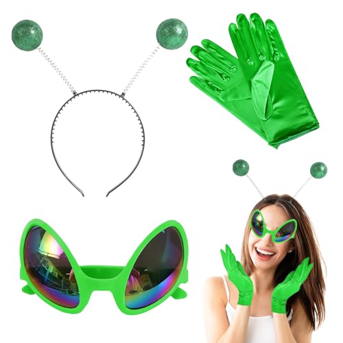 TenaLucy 3 Stück Alien Kostüm,Alien Brille Alien Haarreif Discokugel Haarreif Alien Sonnenbrille Grün Handschuhe Grün Haarreif mit 2 Runden Kugeln,für Partys und Karneval,Geeignet Als Foto-Requisiten von TenaLucy