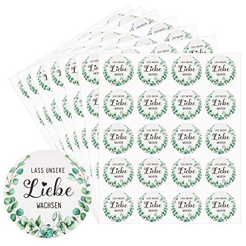 100 Stück 3,5 cm Lass Unsere Liebe Wachsen Aufkleber Hochzeit Eukalyptus Aufkleber Aquarell Grüne Blätter Runde Eukalyptus Sticker für Gastgeschenk Wedding Taufe Kommunion Geburtstag von Tenare